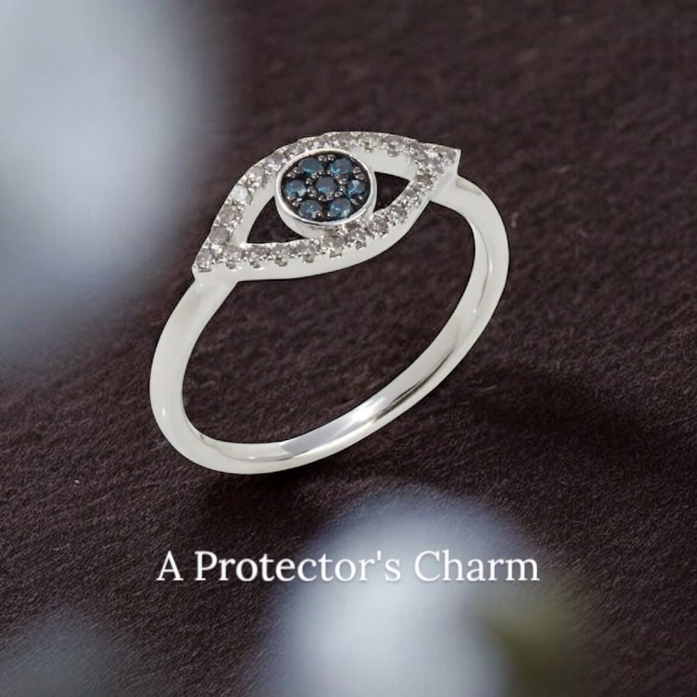 Diamond Evil Eye Stacking Ring in Blue, Silver Minimalist Size 5